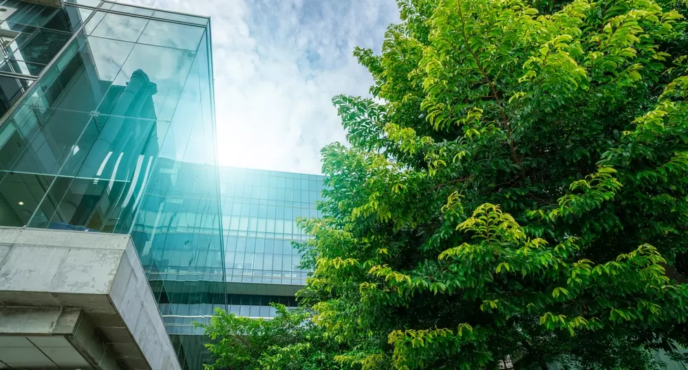 Um edifício moderno de vidro e concreto ao lado de uma árvore verde, refletindo o céu com nuvens claras, simbolizando a harmonia entre arquitetura e natureza, ideal para quem busca informações sobre construir e reformar.
