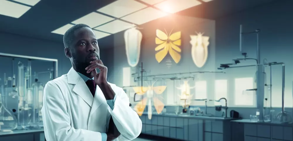 Cientista 	
em laboratório, estudando sistemas digestivos de insetos para inovação em bioenergia e materiais do futuro. Representando o estudo do pesquisador Marcos Buckeridge 