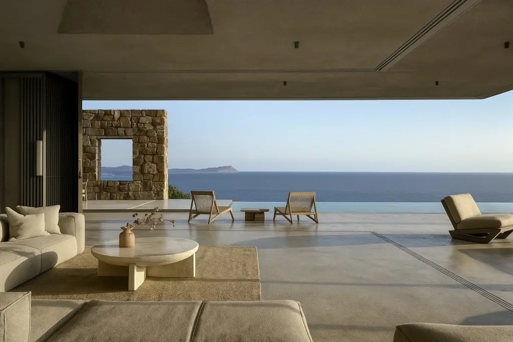 Vista da piscina de um projeto arquitetônico moderno com vista para o mar, conceito de arquitetura contemporânea e design regenerativo
